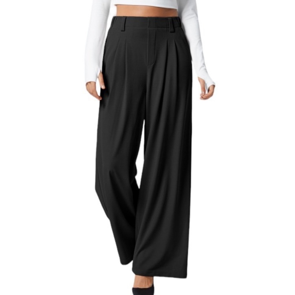 Halara High Waisted Plicated Side Pocket Waffle Straight Wide Leg Work Pants